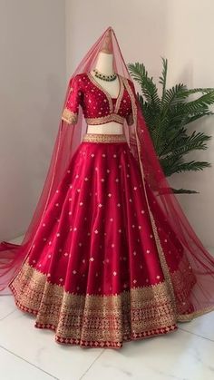 a red lehenga with gold work on the neck and sleeves, is displayed in front of a plant