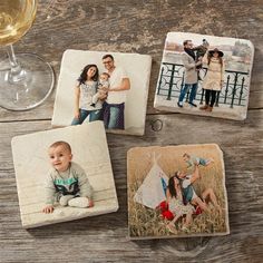 four coasters with pictures of people on them and a glass of wine in the background