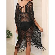 Black Deep V Neck Tasseled Beach Cover Casual Black Poolside Cover-up, Black Beachy Cover-up For Vacation, Casual Vacation Cover-up With Tassels, Black Casual Poolside Cover-up, Casual Black Cover-up For Vacation, Beachy Black Cover-up For Festivals, Black Beachy Cover-up For Festival, Bohemian Black Beach Season Cover-up, Chic Black Festival Cover-up