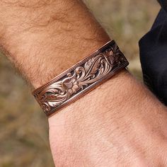 Leathercut Floral Cuff Bracelet - Cattle Kate Bracelets Western, Hand Painted Backdrop, Western Cuff Bracelet, Western Items, Mens Copper Bracelet, Mens Leather Jewelry, Floral Engraving, Western Bracelets, Pewter Art