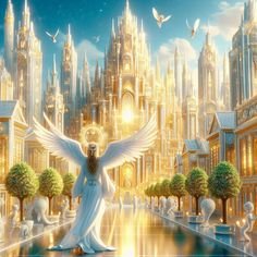 an angel standing in the middle of a city surrounded by trees and buildings with birds flying around