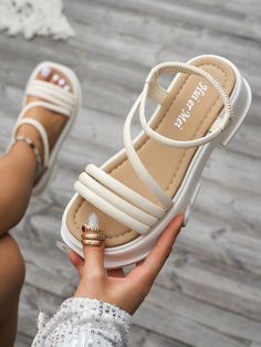 Women's Platform Wedge Sandals, New Summer Beach Sandals, Outdoor & Versatile Roman Slipper Beige Fashionable    Plain Wedge Sandals   Women Shoes, size features are:Bust: ,Length: ,Sleeve Length: Wedges For Women, Aesthetic Summer Sandals, Simple Shoes For Women, Cute Beach Sandals, Sandals 2024 Trends, Summer Slippers For Women, Beach Shoes Women, Sandals With Platform