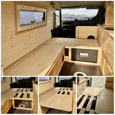 the interior of an rv with wood paneling and built - in seating areas, including a microwave