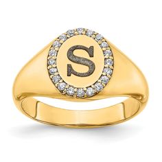 This made-to-order brass monogram ring features .16 carats in natural round diamonds set as the border of an oval face. An antique engraved initial contrasts the bold polished finish and shimmering diamonds. The ring is available in US sizes 5 - 9, and is available in the following options: Sterling Silver Gold Plated Silver 10k White Gold 10k Yellow Gold 14k White Gold 14k Yellow Gold The sterling silver and white gold options are plated with rhodium for added shine and durability.  Processing Gold Oval Signet Ring With Diamond Accents, Oval Gold Signet Ring With Diamond Accents, Yellow Gold Oval Signet Ring With Diamond Accents, Personalized Oval Diamond Initial Ring, Yellow Gold Oval Diamond Signet Ring, Oval Diamond Initial Ring With Accents, Oval Signet Ring With Diamond Accents, Classic Gold Initial Ring With Diamond, Classic Gold Diamond Initial Ring