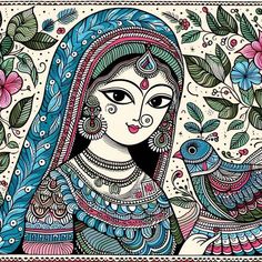 Madhubani Paintings Ideas Design, Relaxing Artwork, Portrait Rangoli, Madhubani Paintings Peacock, Mithila Art, Kalamkari Art, Gond Painting, Warli Art, Madhubani Paintings