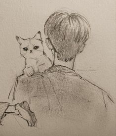 a drawing of a cat sitting on the back of a person's shoulder,