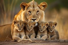 three young lions are huddled together in front of a large adult lion and two smaller cubs