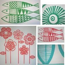 four different images of fish and flowers in green, red, and white ink on paper