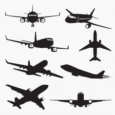 six different types of airplanes flying in the sky, each with its landing gear down