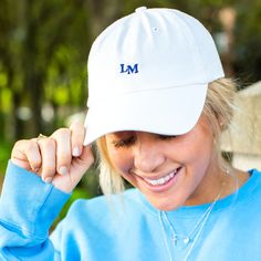 Our Initialed Hat is the perfect way to add a subtle hint of personalized style to your outfit. Choose from various hat colors and thread colors to custom embroider your two letter initials. Make a statement without sacrificing comfort in this everyday athleisure outfit piece. White Cotton Hats With Custom Embroidery, Personalized Casual Hats For Spring, Personalized Casual Spring Hats, Casual Trucker Hat With Embroidered Logo, Casual Personalized Spring Hats, Casual Spring Hats Personalized, Casual Cotton Dad Hat For College, Casual Curved Visor Hat For College, White Personalized Cotton Hat