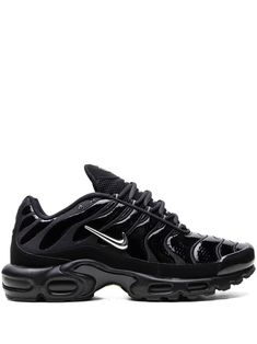 "Find NIKE Air Max Plus \"\"metallic \"\" Sneakers on Editorialist. black faux leather mesh panelling signature Swoosh logo detail round toe front lace-up fastening logo patch at the tongue branded insole rubber sole with Max Air cushioning These styles are supplied by a premium and authenticated sneaker marketplace. Stocking only the most sought-after footwear, they source and curate some of the most hard to find sneakers from around the world." Nike Tn Shoes, Styling Moodboard, Tn Shoes, Tn Black, Trendy Shoes Sneakers, Nike Max, Nike Tn, Metallic Sneakers, Des Baskets