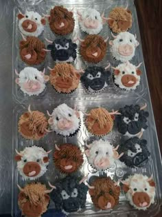 cupcakes decorated with farm animals are in a plastic container