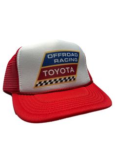 Toyota Offroad Racing Vintage Style Red Snapback Cap Mesh Retro Trucker Hat Vintage style trucker hat.  Appears to be new and unworn This is a mesh trucker hat with an adjustable snapback that fits most people 100% Polyester Front 100% Nylon Mesh Back 5-Panel cap Seamless Foam Front Panel with Lining 8 Rows Stitching on Visor Matching Fabric Under visor Adjustable Plastic Snap Red Trucker Hat One Size, Red Trucker Hat One Size Fits Most, Red Trucker Baseball Cap For Sports Events, Red Trucker Snapback Hat For Sports Events, Red Trucker Hat With Curved Brim For Sports Events, Retro Red Hat For Outdoor, Red Trucker Hat With Flat Brim, Red Trucker Hat For Outdoor, Vintage Red Trucker Hat For Outdoor