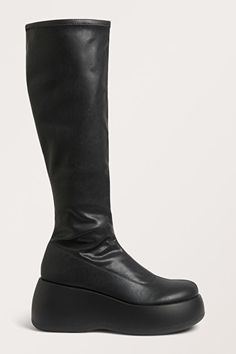 Black faux leather knee high platform boots - Black - Monki WW Winter Chelsea Boots, High Platform Boots, Knee High Platform Boots, Black Platform Boots, Black Knee High Boots, Block Heel Boots, Black Knees, Elevate Your Look, Platform Sneakers