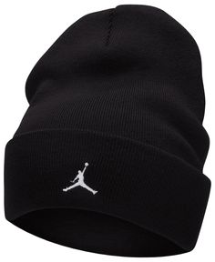 A fitted beanie with a generous cuff and embroidered Jumpman at front. Fit & Design Fitted beanie Made from soft, warming knit yarn Lined for comfort and durability Large fold-over cuff Embroidered Jumpman at center front Additional Details Hand wash only Jumpman Logo, Nike Jordan, Beanie Hat, Jordan, Black White, Cuff, Nike, White, Black