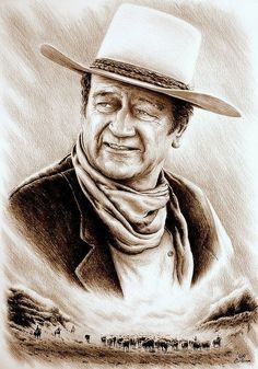 a drawing of a man wearing a hat and scarf with horses in the back ground