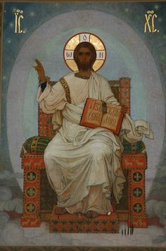 a painting of jesus sitting in a chair