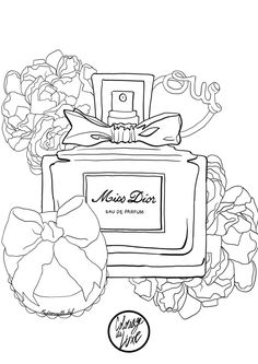 a coloring page with flowers and a perfume bottle on the top, in black and white