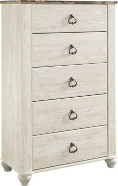 a white dresser with drawers and knobs on the bottom drawer, against a white background