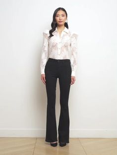 L'AGENCE - Jenica Long-Sleeve Lace Button-Down Blouse in Ivory Erin Walsh, Knit Denim, Lace Button, Pant Suit, Scalloped Hem, Winter 2024, Lace Blouse, Long Sleeve Lace, Black Print