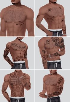 multiple images of the chest and arms of a man with tattoos on his chest, shoulder,