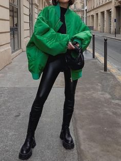 oversized puffer jacket and black leather pants Classy St Pattys Day Outfit, Trendy Green Outfits, St Patricks Day Outfits Winter, Cold St Patricks Day Outfit, St Pattys Day Outfit Chicago, Classy St Patricks Day Outfits, St Pattys Day Outfit Cold Weather, Chic St Patricks Day Outfit, St Patricks Day Outfits Black Women