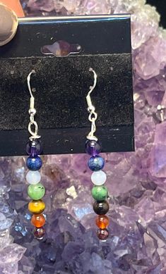 Stunning sterling silver hook chakra gemstone dangle earrings with amethyst, lapis lazuli, blue lace agate, ruby zoisite, tigers eye, carnelian and garnet! Adjustable Drop Earrings With Gemstone Beads, Spiritual Gemstone Bead Drop Earrings, Spiritual Round Gemstone Bead Earrings, Spiritual Multicolor Dangle Earrings, Rainbow Hypoallergenic Dangle Jewelry, Hypoallergenic Rainbow Dangle Jewelry, Spiritual Gemstone Earrings With Round Beads, Spiritual Dangle Earrings With Gemstone Beads, Spiritual Hypoallergenic Round Beads Earrings