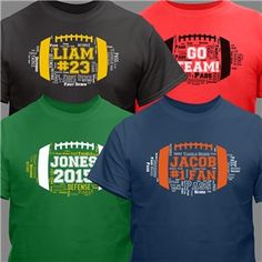 three different colored football shirts with the names of each team and numbers on them, all printed in different colors