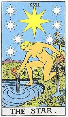 the star tarot card with an image of a naked man drinking water from a fountain