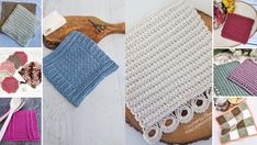 crocheted dishcloths and kitchen towels are displayed on a table with scissors