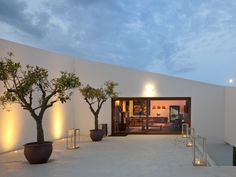 an outdoor area with potted trees and lights on the walls, along with stairs leading up to it