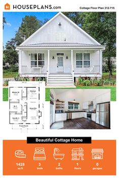 white cottage home plan exterior with front porch 2 Bed 2.5 Bath Floor Plan, Small Farm House Plans Under 2000 Sq Ft One Story, Small Farm Houseplans 2 Bedroom, 2 Bed Two Bath House Layouts Under 1400 Sq. Feet, 2 Bedroom Farm House Plans 1300 Sq Ft No Wasted Space, Cottage Floor Plan, House Plans Design, Small Cottage House Plans, Southern Cottage