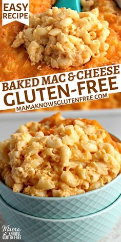 baked macaroni and cheese gluten - free in a blue bowl with text overlay