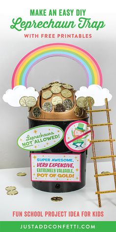 a bucket full of coins with the words make an easy diy leprechaun trap