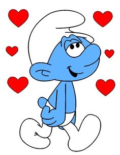 the smurf is running with hearts around him