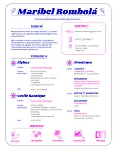 a pink and blue resume with icons on the front, side and back pages in spanish