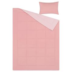 a pink bed sheet and pillow on top of a white background with the sheets folded down