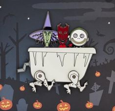 a halloween scene with pumpkins and witches in a bathtub