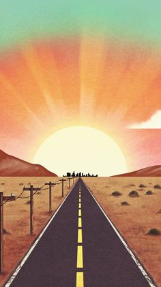 an image of a road going into the sunset with people standing on top of it