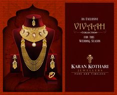 an advertisement for a jewelry store with gold necklaces and earrings on display in front of a red background