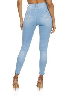 WAX Jeans, Cropped Hem, Jean, Skinny Leg, Distressed, Frayed, Ripped, Stretch, Solid, Denim, Item Number 3074071612174 Distressed High Rise Jeggings, Spring Fitted Distressed Pants, Ripped Stretch Jeggings, Fitted High-rise Summer Jeggings, Stretch Mid-rise Summer Jeggings, Stretch Mid-rise Jeggings For Summer, Summer Mid-rise Stretch Jeggings, Summer Stretch Mid-rise Jeggings, High Rise Ripped Stretch Pants