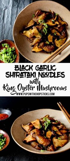 black garlic stir fry noodles in a bowl with chopsticks