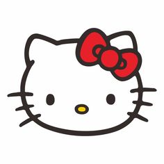 a hello kitty face with a red bow on it's head and the words hello kitty