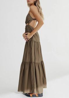 Designed by Significant Other. A dreamy silhouette from the collection, the Addison Maxi in Khaki is crafted from a crisp cotton. Abstract front bodice cut out, spaghetti straps and tiered layers toward the hem. Pair with simple slides, like our black lizzie slides, for an every day look. Fit: Take your usual size or size up for a looser fit. Model wears a size 8AU / 4US. Materials + Care: 100% cotton. wash cold and lay flat to dry. steam if needed. Return Policy Khaki Dress, Layered Skirt, Significant Other, Fitted Bodice, Back Strap, Modern Woman, Everyday Look, The Collection, Long Dress