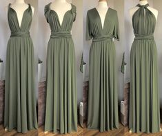 three different views of the same dress on mannequins, one in green