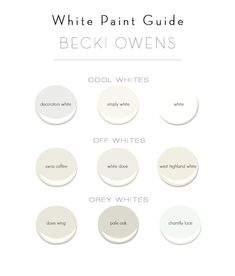 white paint guide for the bedroom with different colors and names on it, including gray whites