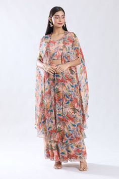 Peach asymmetric cape with floral abstract pattern. Paired with a crop top and sharara. - Aza Fashions Cape Sharara, Asymmetric Cape, Floral Abstract Pattern, Floral Abstract, Sharara Set, Set For Women, Abstract Floral, Cotton Silk, Aza Fashion