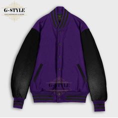 This is Purple & Black Varsity Jacket is made of High Quality Wool and Cowhide Leather Sleeves. The Front of this Jacket is Snaps Closure. Collar and Cuffs of the Jacket are Rib Knitted.  It has Four Pockets (Genuine Leather trim is used on the Pockets).  Polyester Quilted Lining is used inside to make you feel warm and comfortable. You can wear it on different places like (College Jacket, Baseball Jacket, Letterman Jacket, Bomber Jacket, Varsity Jacket, Streetwear, Gift For Him, Gift For Her, T Black Varsity Jacket With Stand Collar And Pockets, Winter Streetwear Varsity Jacket With Stand Collar, Fall Varsity Jacket With Stand Collar, Fall Varsity Jacket With Stand Collar For Streetwear, Fall Varsity Jacket With Stand Collar For College, Fall Streetwear Varsity Jacket With Stand Collar, Black Varsity Jacket With Stand Collar For Fall, Purple Varsity Jacket For Fall Streetwear, Black Stand Collar Varsity Jacket For Streetwear