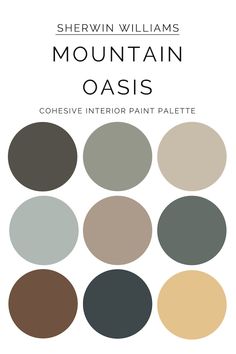 the mountain oasis color palette is shown in shades of brown, beige and grey with text that