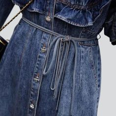 Welcome this season with a blast of nostalgia ââ‚?introducing our Ruffles Chest Lengthy Denim Dress. 20th-century Vibe from 2023 Spring-Summer Collection!Why You Need ItThis denim dress is inspired by the iconic '90s gritty movement. featuring a medium wash with a fashionable distressed pattern that adds an street touch to your look. Complete with a zipper and button closure. it fits snugly to flatter your fit and ensures comfort throughout the day.Made with premium quality denim. this dress pro 90s Denim Dress, Dress 90s Style, Proper Clothing, Dress Pro, Long Shift Dress, Denim Dresses Online, Long Denim Dress, Womens Denim Dress, Embroidered Denim Jacket